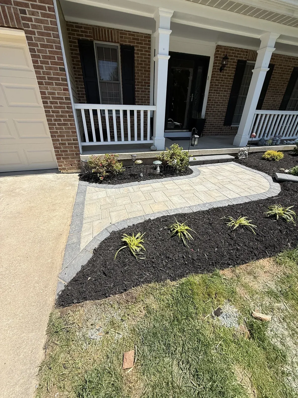 Paver landing and fresh bed at the steps, Patios & stonework